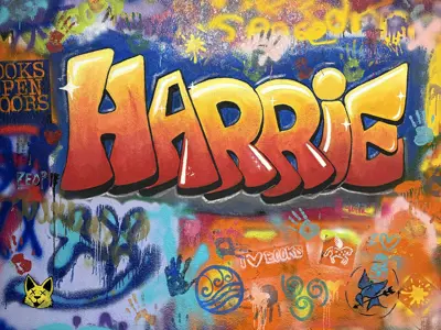 colorful graffiti with the word HARRIE for the library